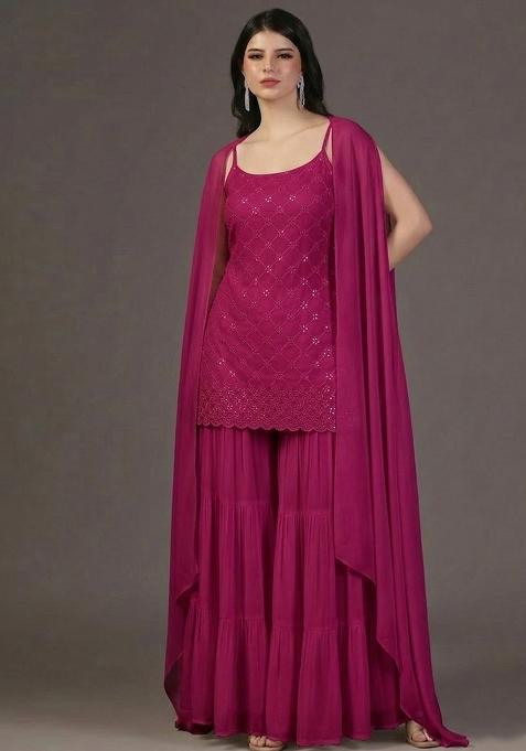 Magenta Embroidered Georgette Sharara Set