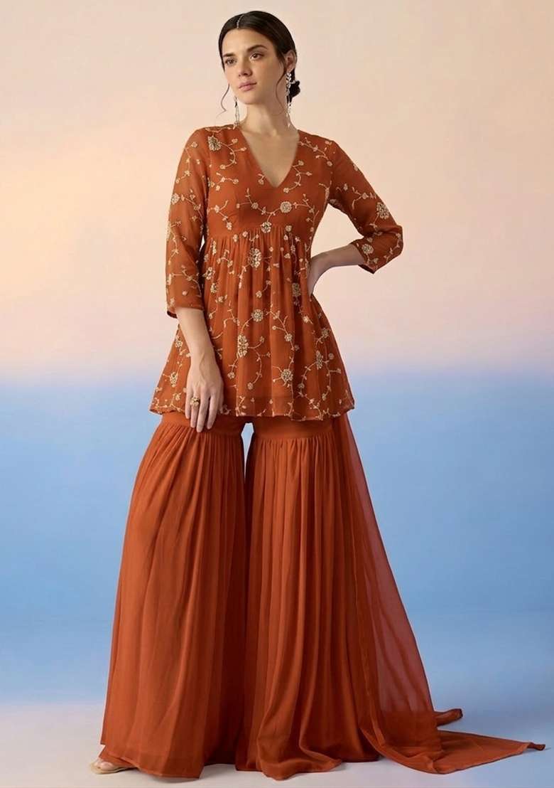 Rust Orange Embroidered Crepe Sharara Set - Indya