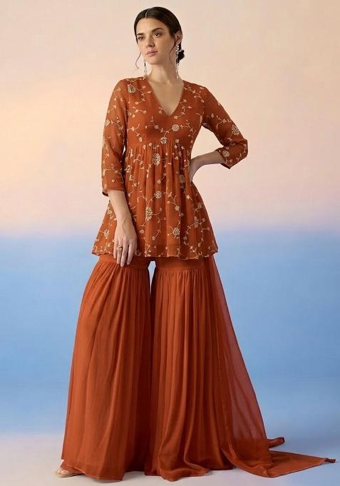 Rust Orange Embroidered Crepe Sharara Set