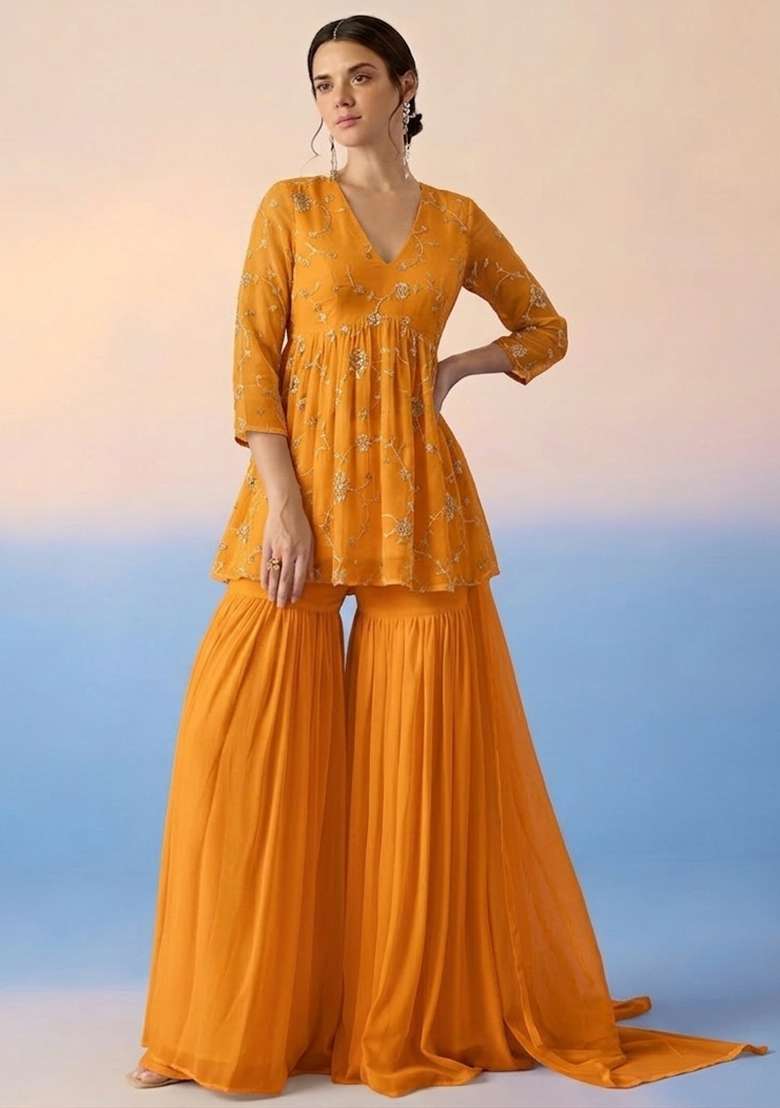 Marigold Embroidered Crepe Sharara Set - Indya