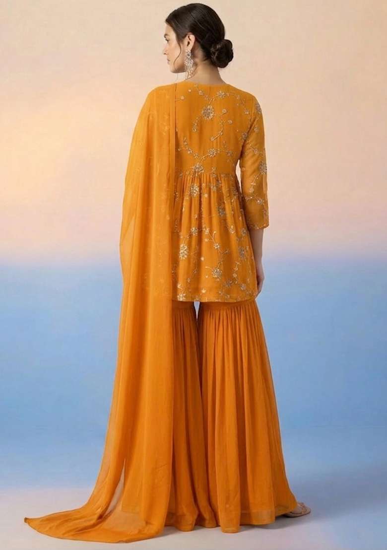 Marigold Embroidered Crepe Sharara Set - Indya