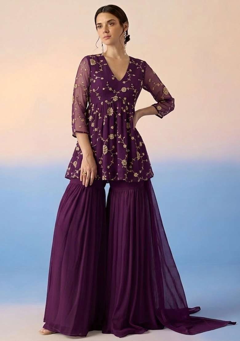 Grape Embroidered Crepe Sharara Set - Indya