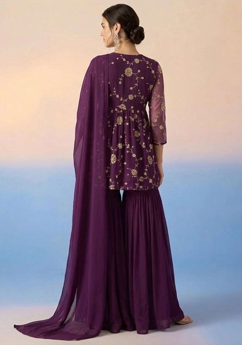 Grape Embroidered Crepe Sharara Set - Indya