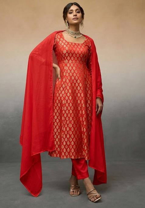 Bright Red Brocade Kurta Set