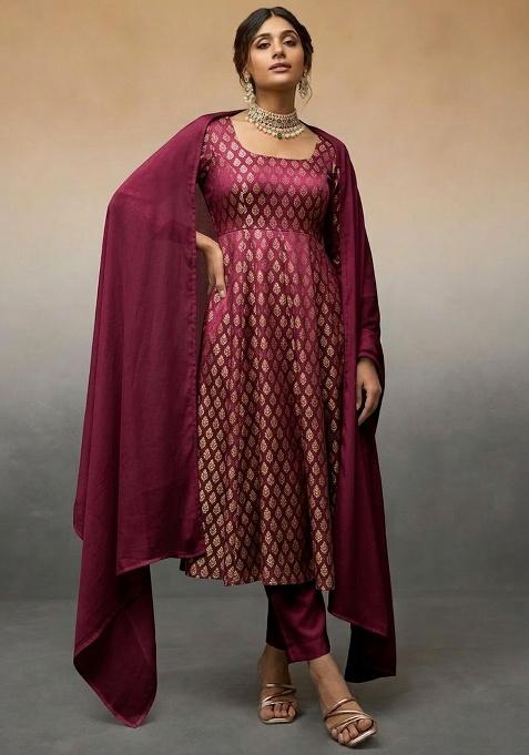 Deep Wine Brocade Kurta Set