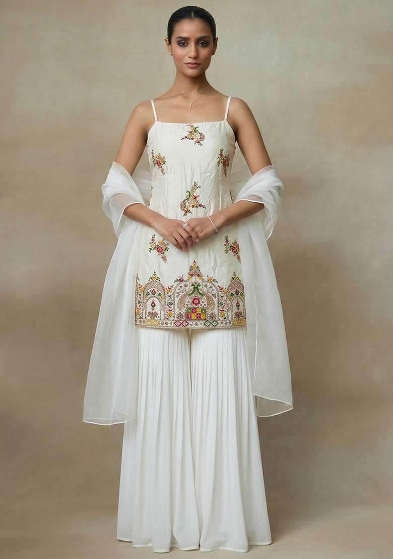 Off White Embroidered Crepe Sharara Set - Indya