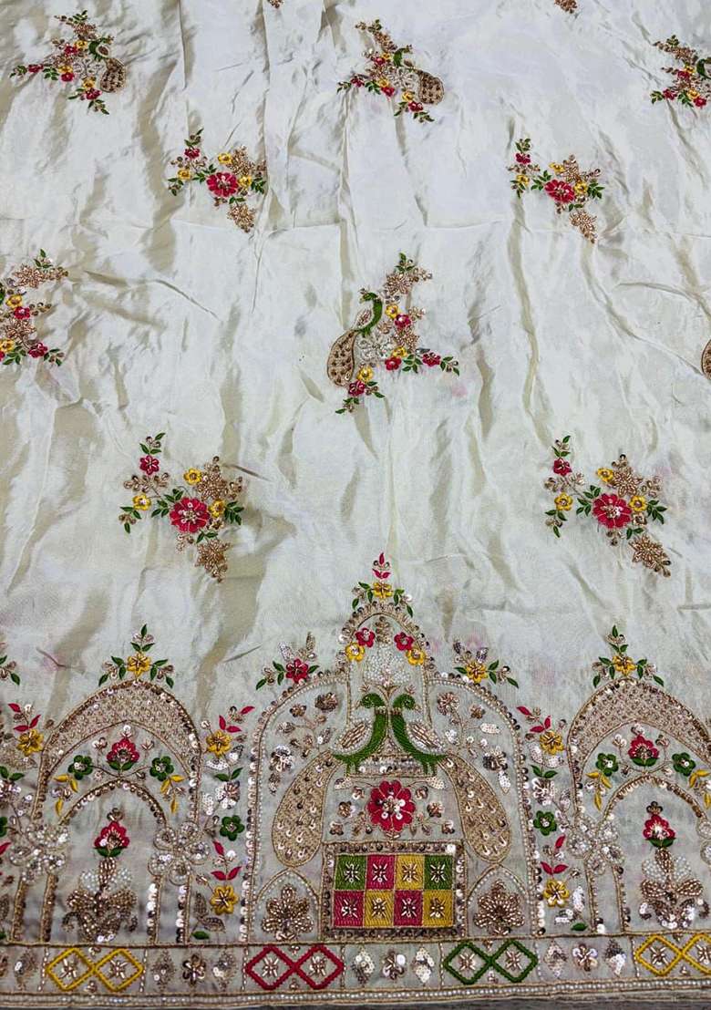 Off White Embroidered Crepe Sharara Set - Indya