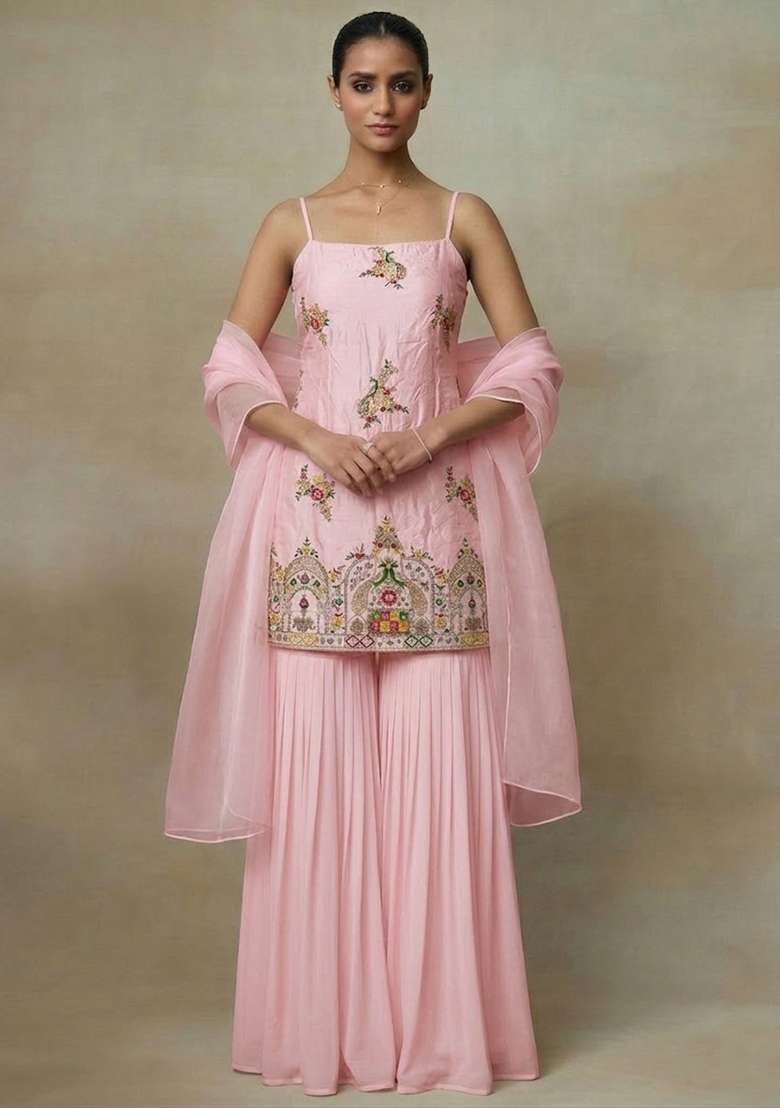 Pink Embroidered Crepe Sharara Set - Indya