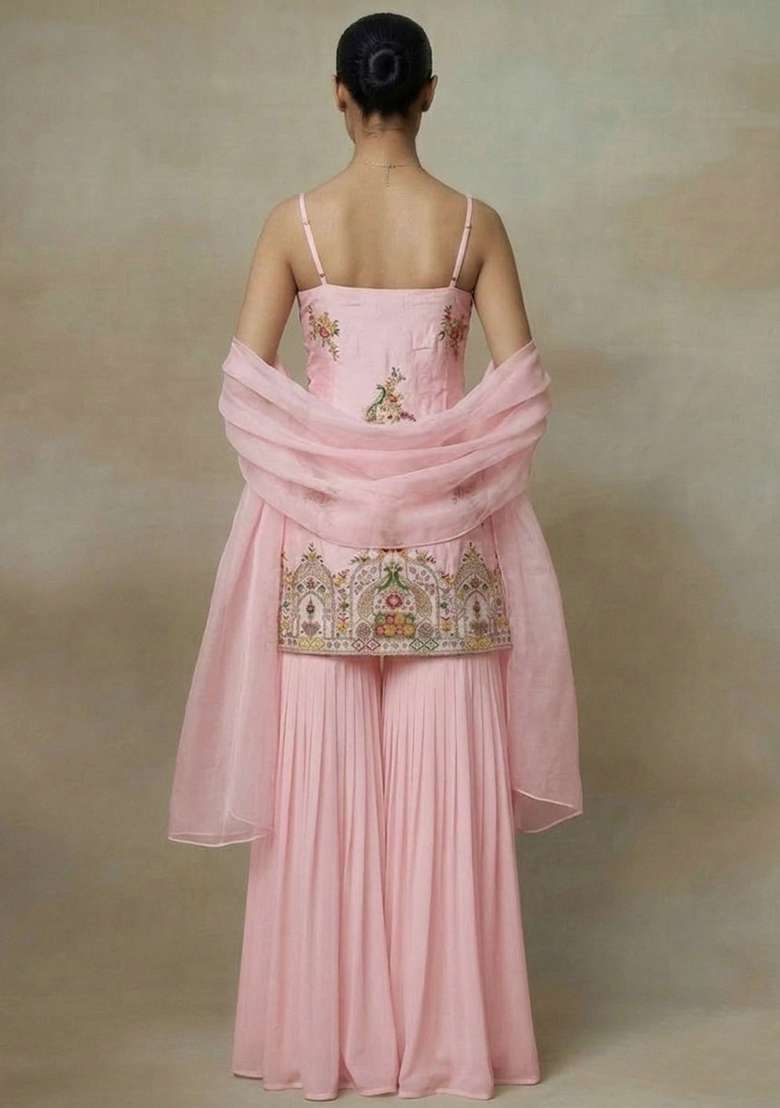 Pink Embroidered Crepe Sharara Set - Indya