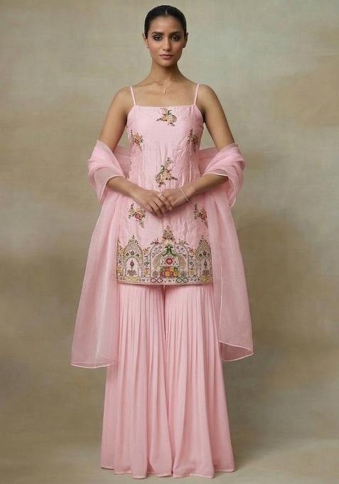 Pink Embroidered Crepe Sharara Set