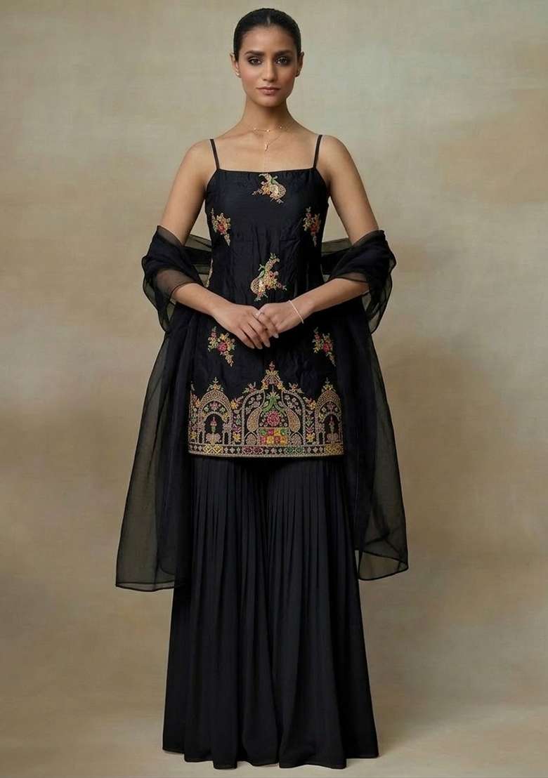 Black Embroidered Crepe Sharara Set - Indya