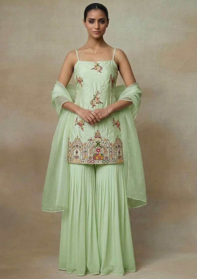 Light Green Embroidered Crepe Sharara Set - Indya
