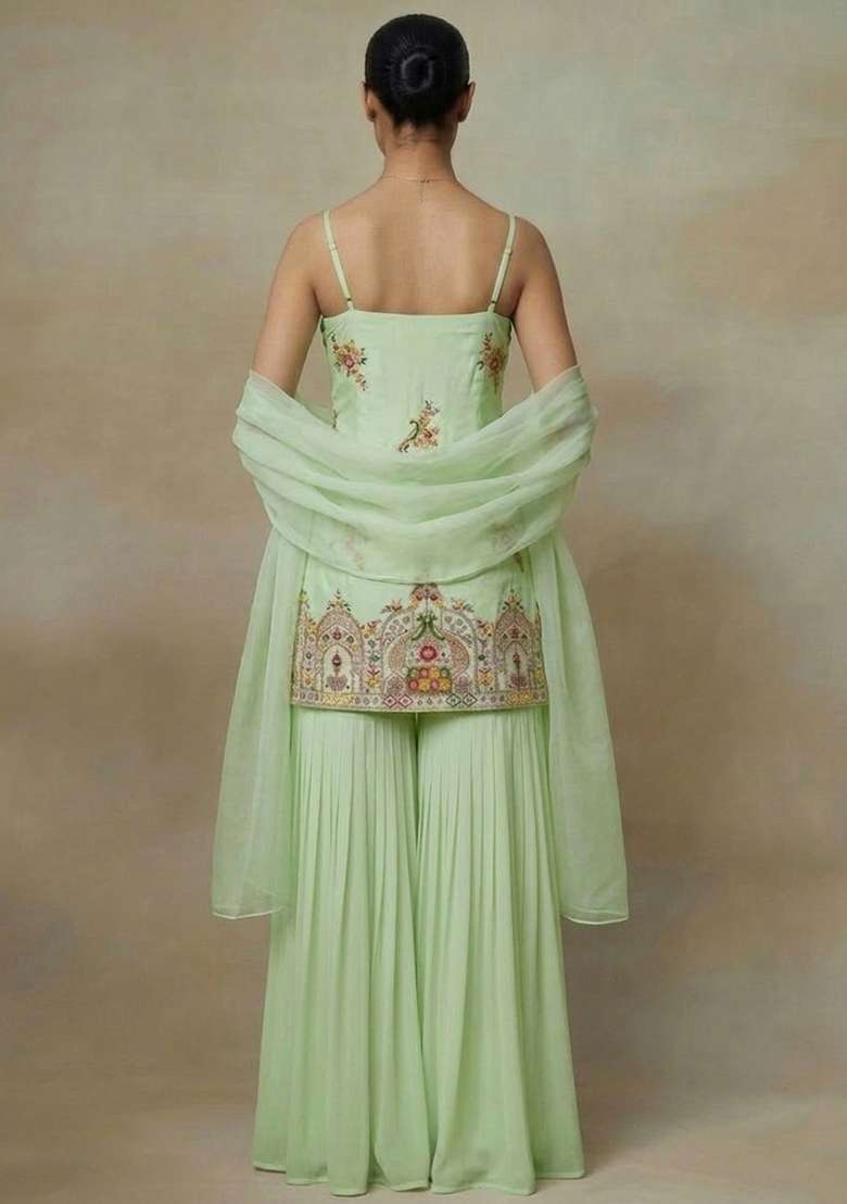Light Green Embroidered Crepe Sharara Set - Indya