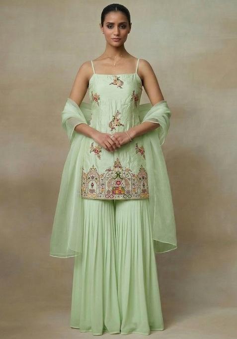 Light Green Embroidered Crepe Sharara Set