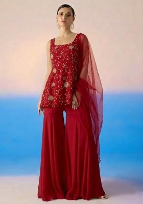 Crimson Red Embroidered Crepe Sharara Set
