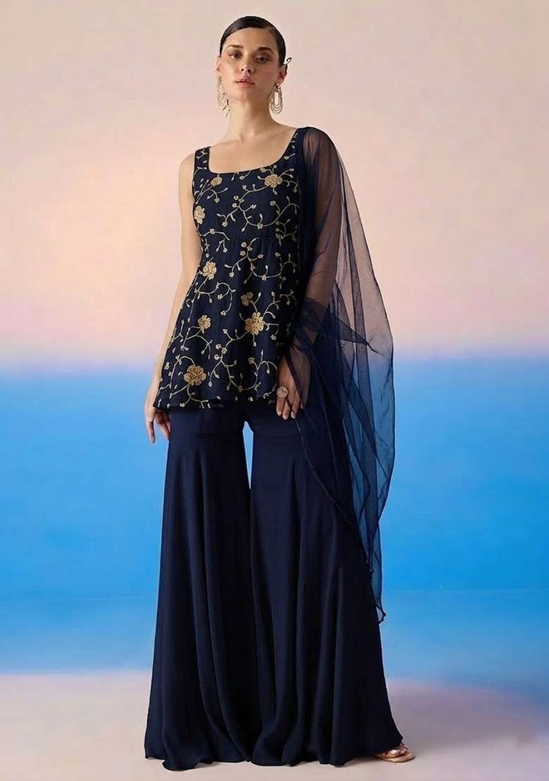 Midnight Blue Embroidered Crepe Sharara Set - Indya