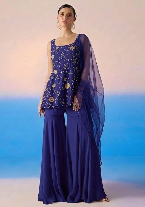Indigo Embroidered Crepe Sharara Set