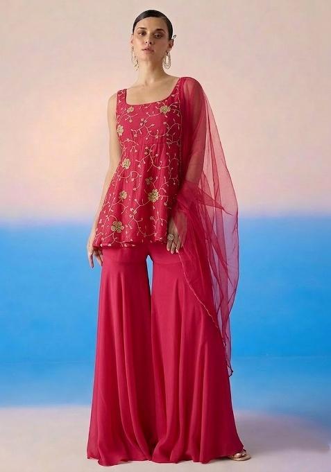 Raspberry Embroidered Crepe Sharara Set