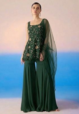 Rifle Green Embroidered Crepe Sharara Set