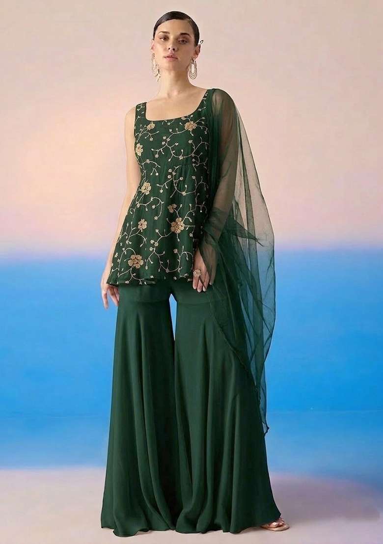 Rifle Green Embroidered Crepe Sharara Set - Indya