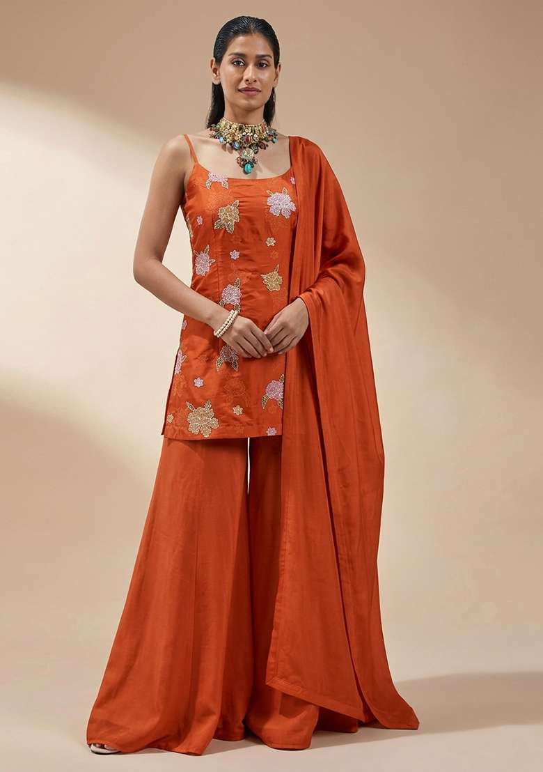 Rust Orange Embroidered Chanderi Sharara Set - Indya