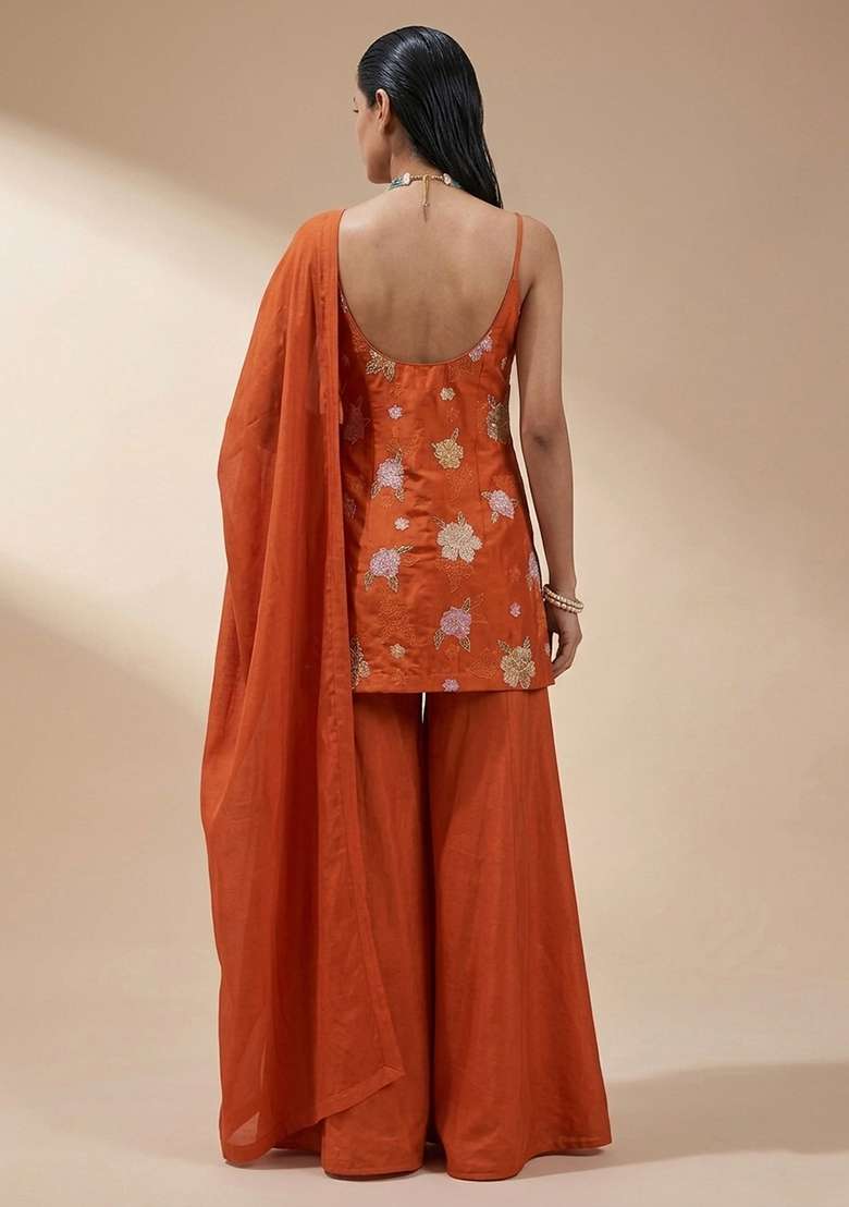 Rust Orange Embroidered Chanderi Sharara Set - Indya