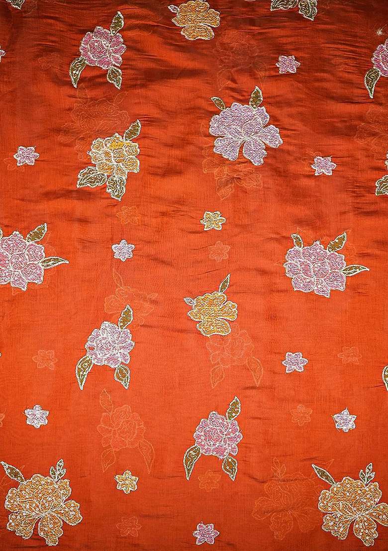 Rust Orange Embroidered Chanderi Sharara Set - Indya