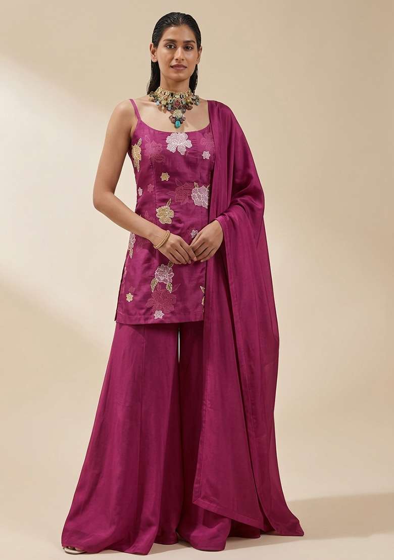 Rani Pink Embroidered Chanderi Sharara Set - Indya