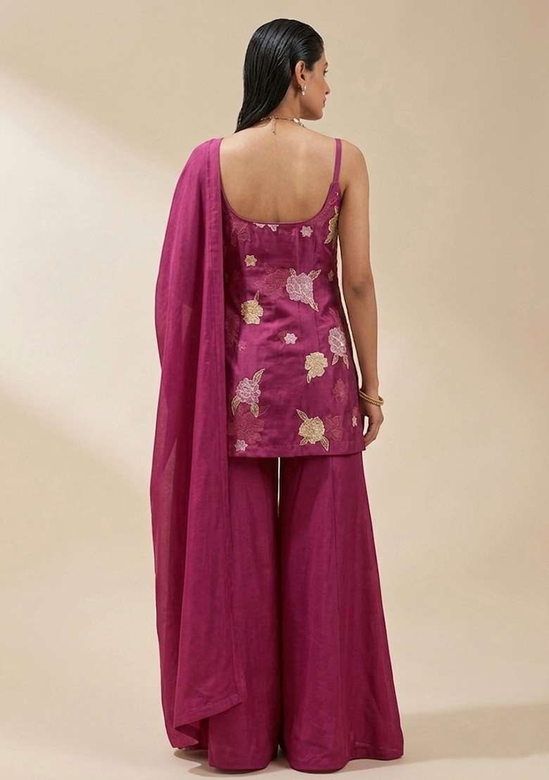 Rani Pink Embroidered Chanderi Sharara Set - Indya