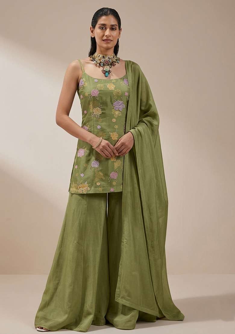 Olive Green Embroidered Chanderi Sharara Set - Indya