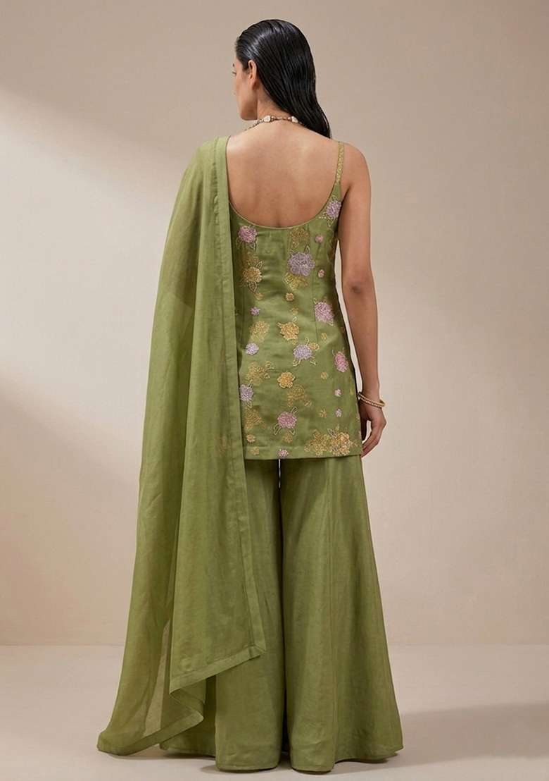Olive Green Embroidered Chanderi Sharara Set - Indya