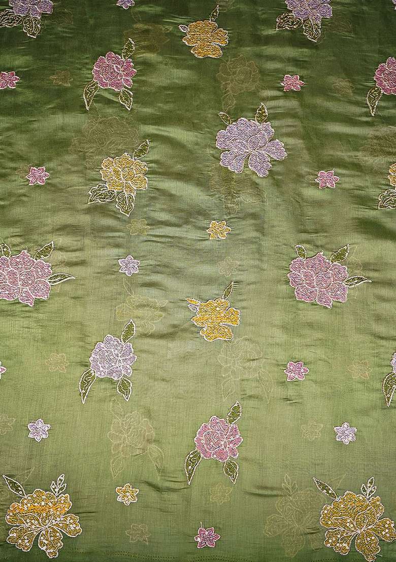 Olive Green Embroidered Chanderi Sharara Set - Indya