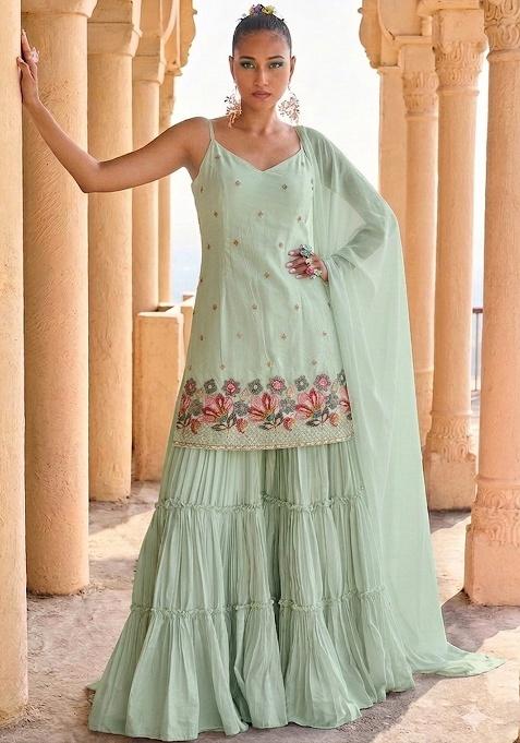 Mint Embroidered Crepe Sharara Set