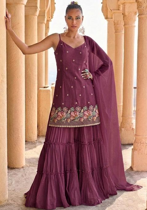 Mulberry Embroidered Crepe Sharara Set
