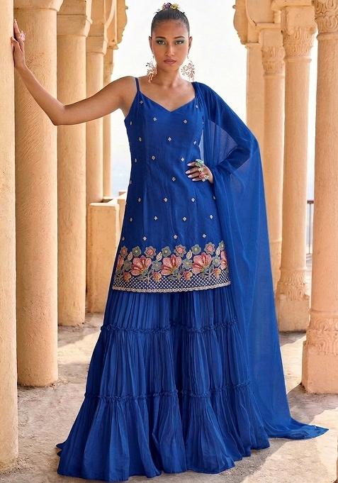 Cobalt Embroidered Crepe Sharara Set