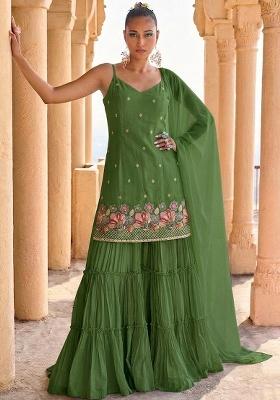Leaf Embroidered Crepe Sharara Set