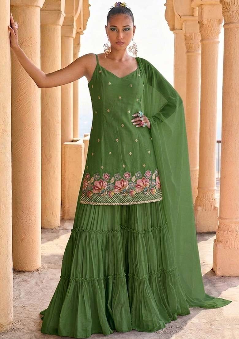 Leaf Embroidered Crepe Sharara Set - Indya