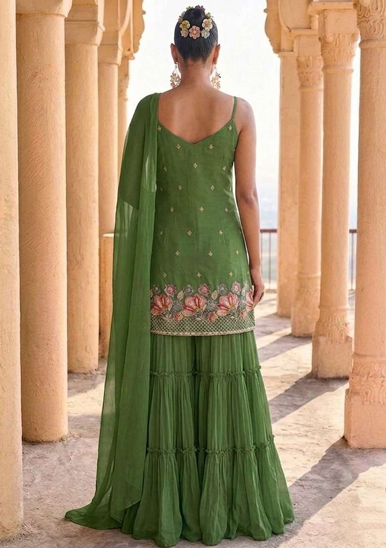 Leaf Embroidered Crepe Sharara Set - Indya