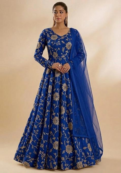 Royal Blue Chanderi Anarkali With Dupatta