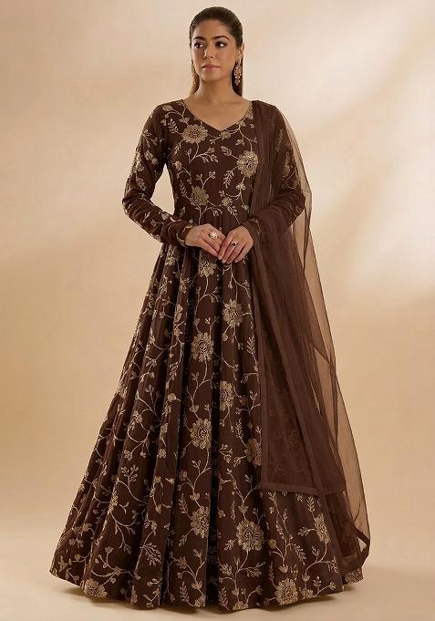 Brown Chanderi Anarkali With Dupatta