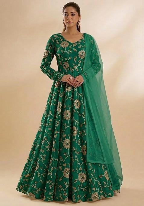 Green Chanderi Anarkali With Dupatta