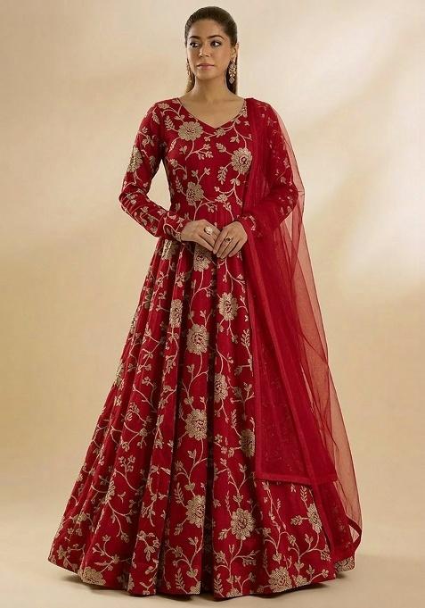 Red Chanderi Anarkali With Dupatta