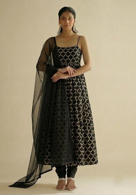 Jet Black Chanderi Anarkali Set