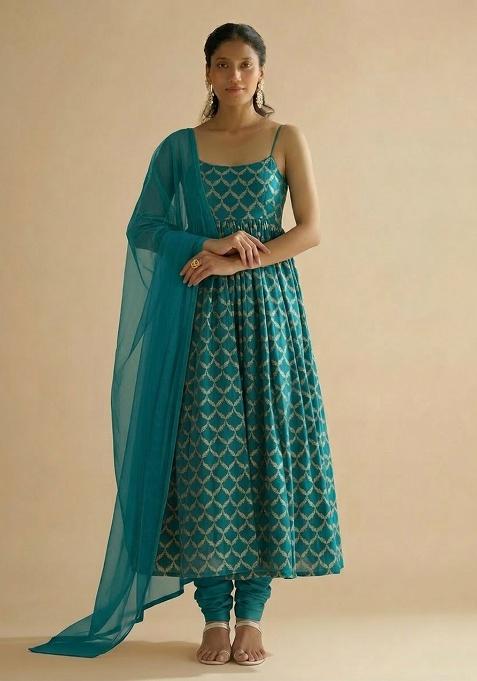 Teal Chanderi Anarkali Set