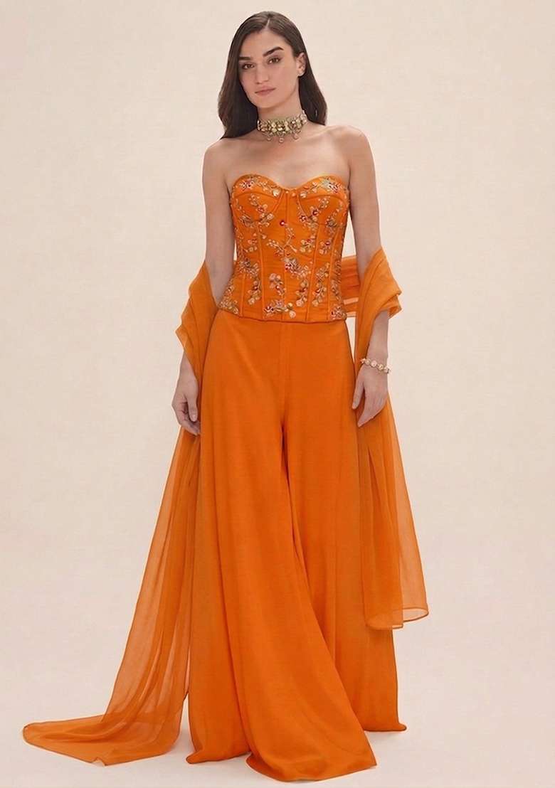 Tangerine Orange Embroidered Crepe Fusion Set - Indya