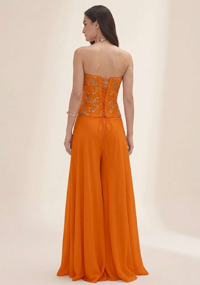 Tangerine Orange Embroidered Crepe Fusion Set - Indya