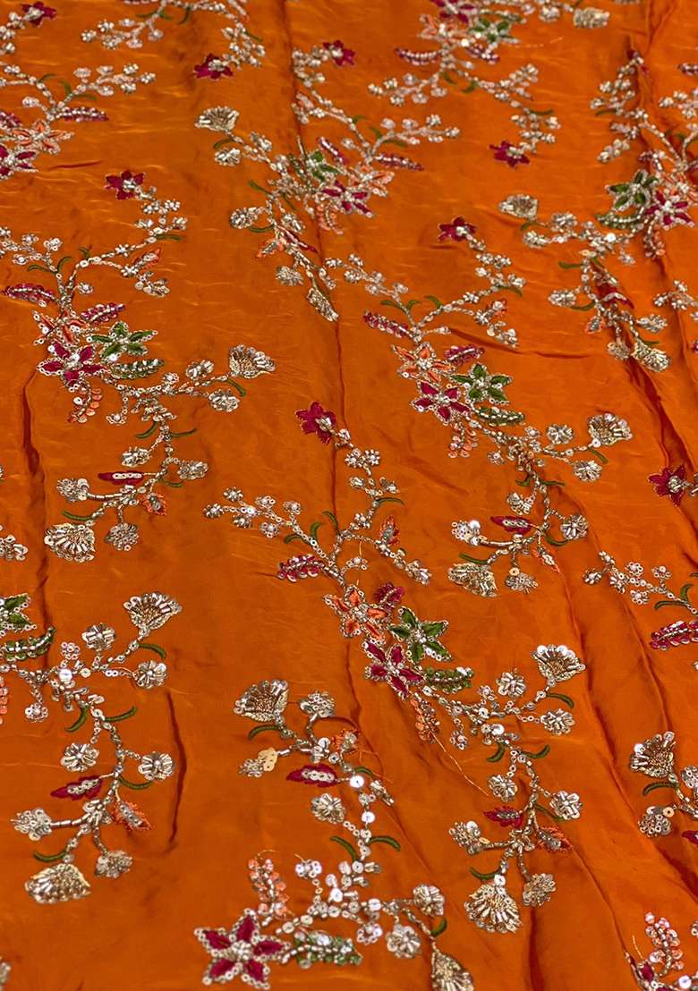 Tangerine Orange Embroidered Crepe Fusion Set - Indya