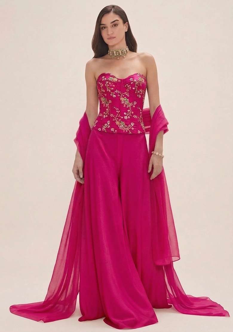 Hot Pink Embroidered Crepe Fusion Set - Indya