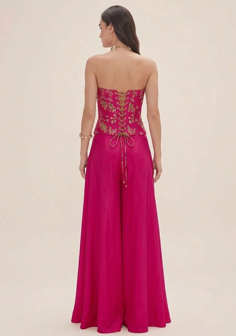 Hot Pink Embroidered Crepe Fusion Set - Indya
