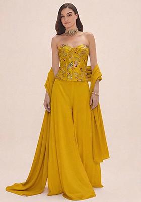 Lime Green Embroidered Crepe Fusion Set